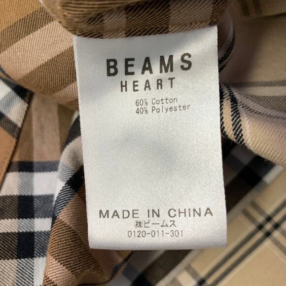 BEAMS HEART Size L Brown Black White Plaid Cotton Blend Snaps Short Sleeve Shirt - Picture 5 of 5